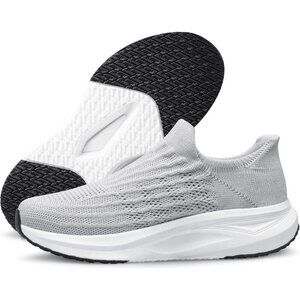 🆕Women Grey Slip On Walking Shoes Flat Lightweight Breathable Casual Sneakers